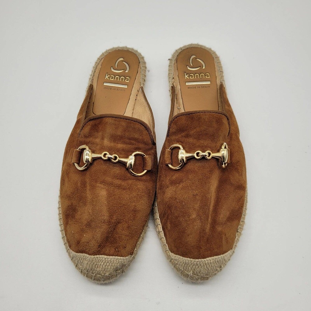 Kanna Brown Suede Mules with Gold Accents - Picture 2 of 9